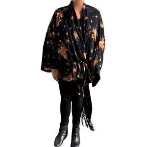 BRAND NEW | OOAK Jennafer Grace Black Floral Wrap Kimono w/ Fringe Belt XL